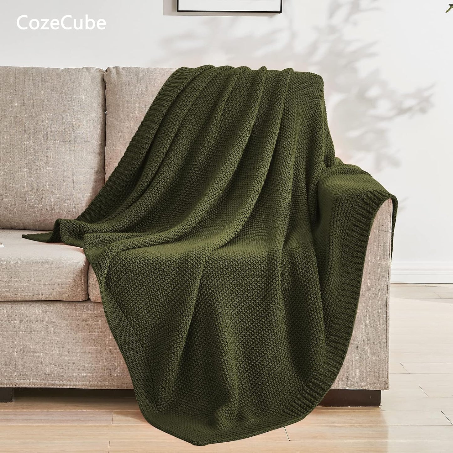 CozeCube Olive Green Throw Blanket for Couch, Soft Cozy Cable Knit Throw for Bed Sofa Living Room, Lightweight Warm Decorative Farmhouse Christmas Blanket, 50"x60", Olive Green