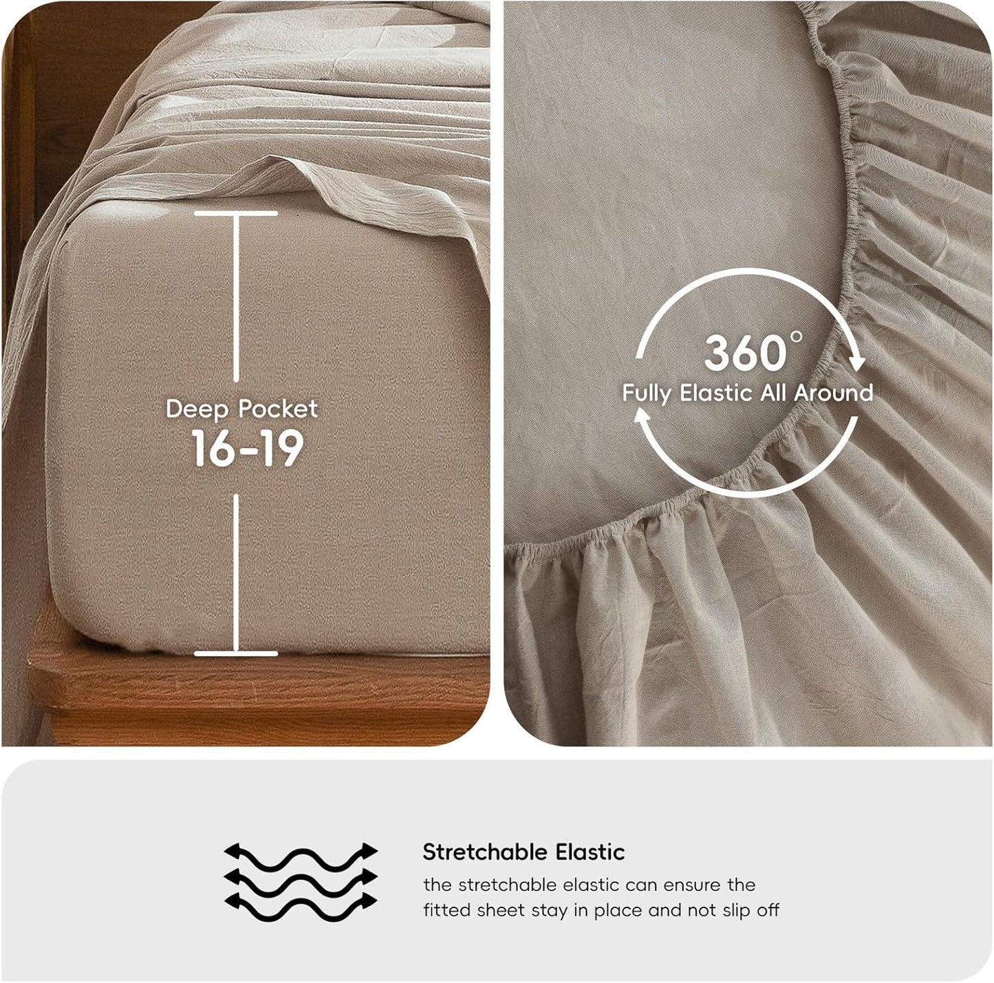 MooMee Bedding Sheet Set 100% Washed Cotton Linen Like Textured Breathable Durable Soft Comfy (Heathered Tannish Linen Grey, Twin)