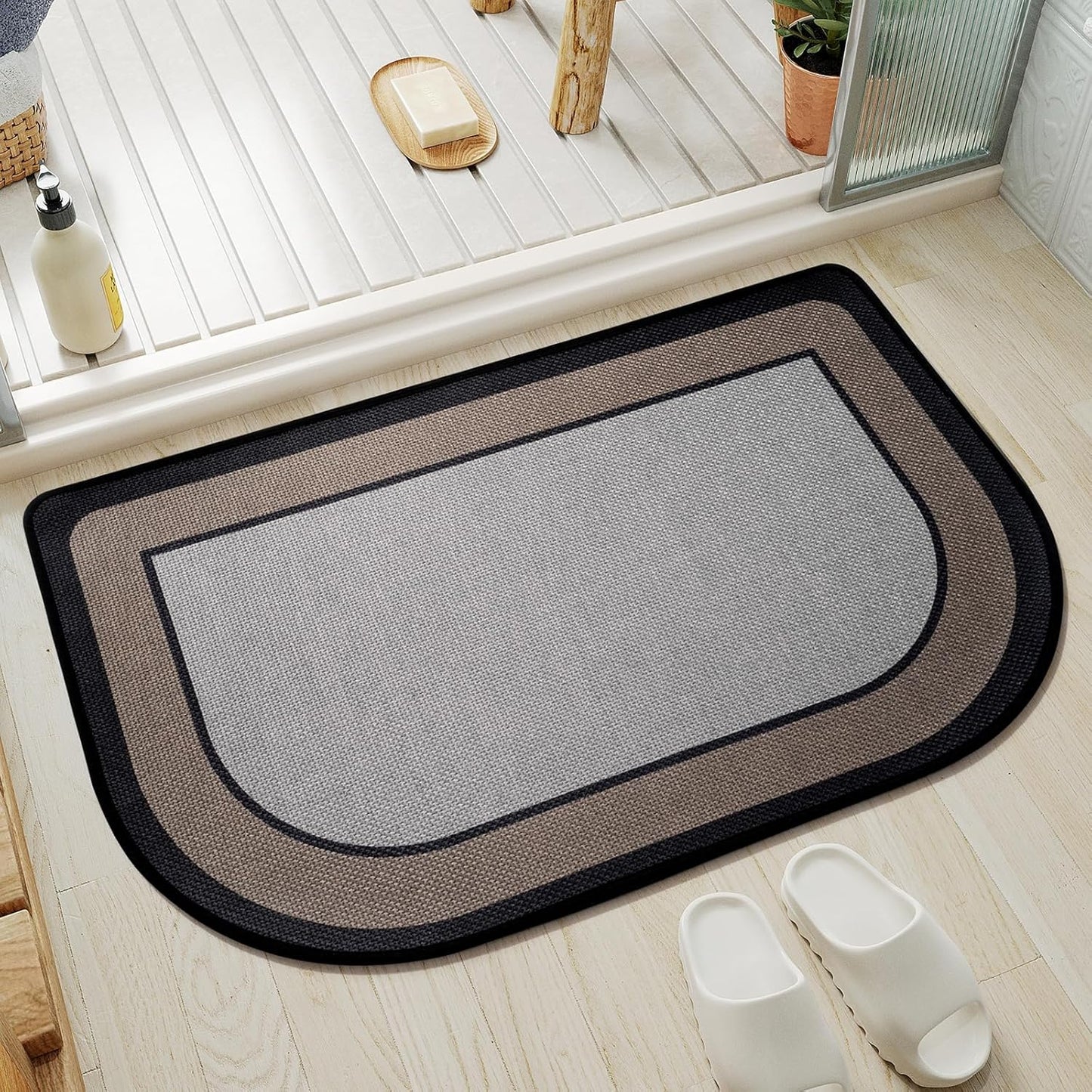 Half Circle Bath Mat,Thin Bathroom Rugs Fit Under Door Quick Dry Non Slip Washable Bathroom Mat with Rubber Backing,Absorbent Woven Half Round Shower Mat Rug,Gray Gray Brown