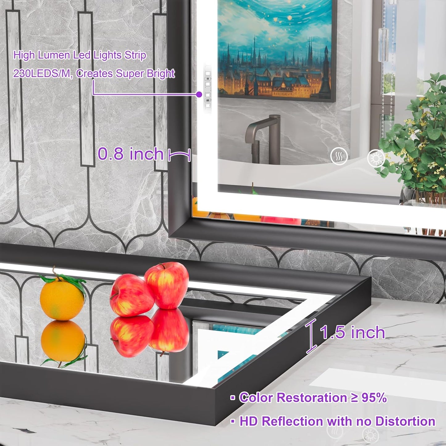 28x36 Inch LED Mirror for Bathroom, 3 Color Temperatures (3000K/4500K/6000K), Anti-Fog, Dimmable Lights, Memory Function, Matte Black Aluminum Frame