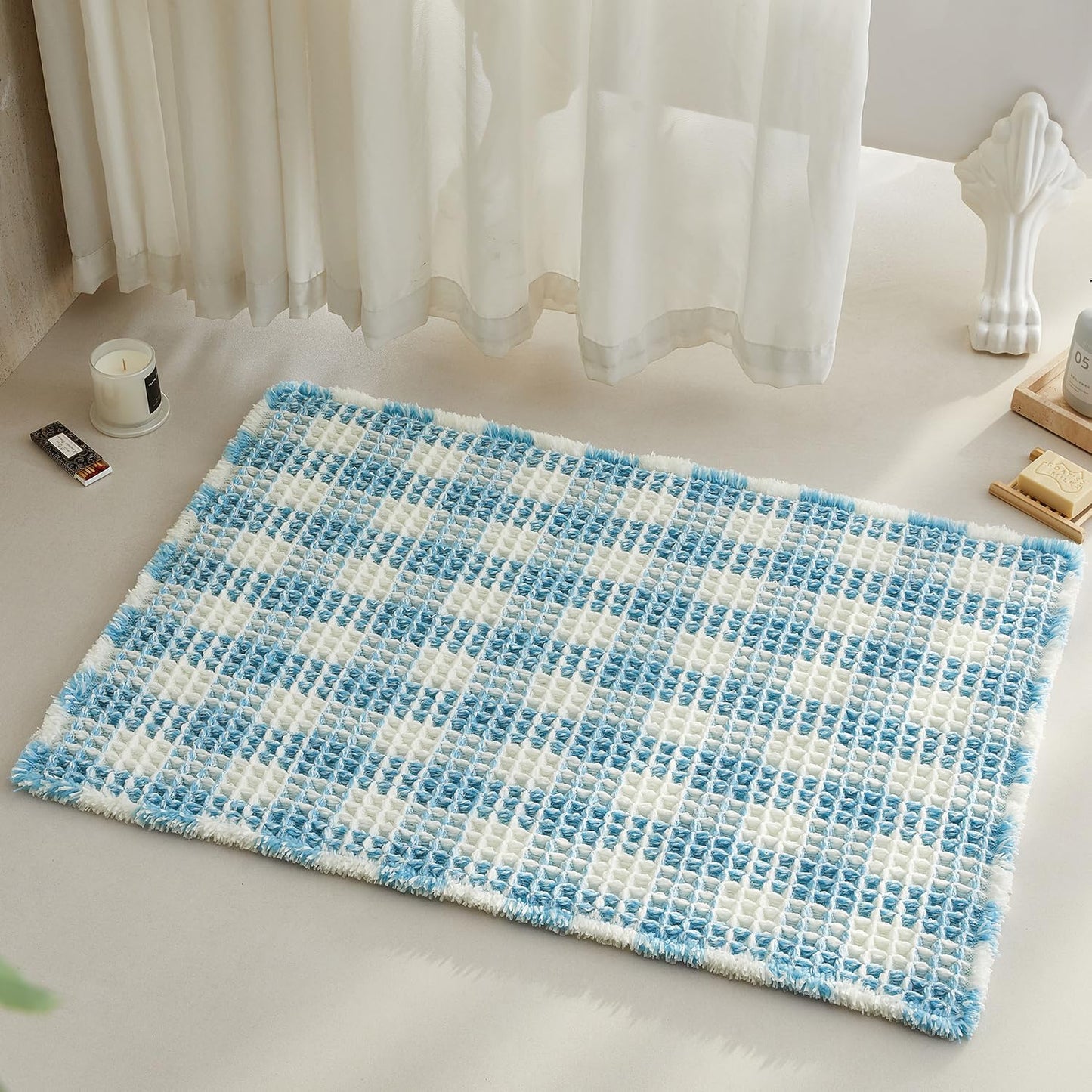 Waffle Bath Mat, Boho Bathroom Rugs Non Slip Washable Absorbent Checkered Bathroom Mat Quick Dry Cute Bath Mat, 36"x24" Blue and White