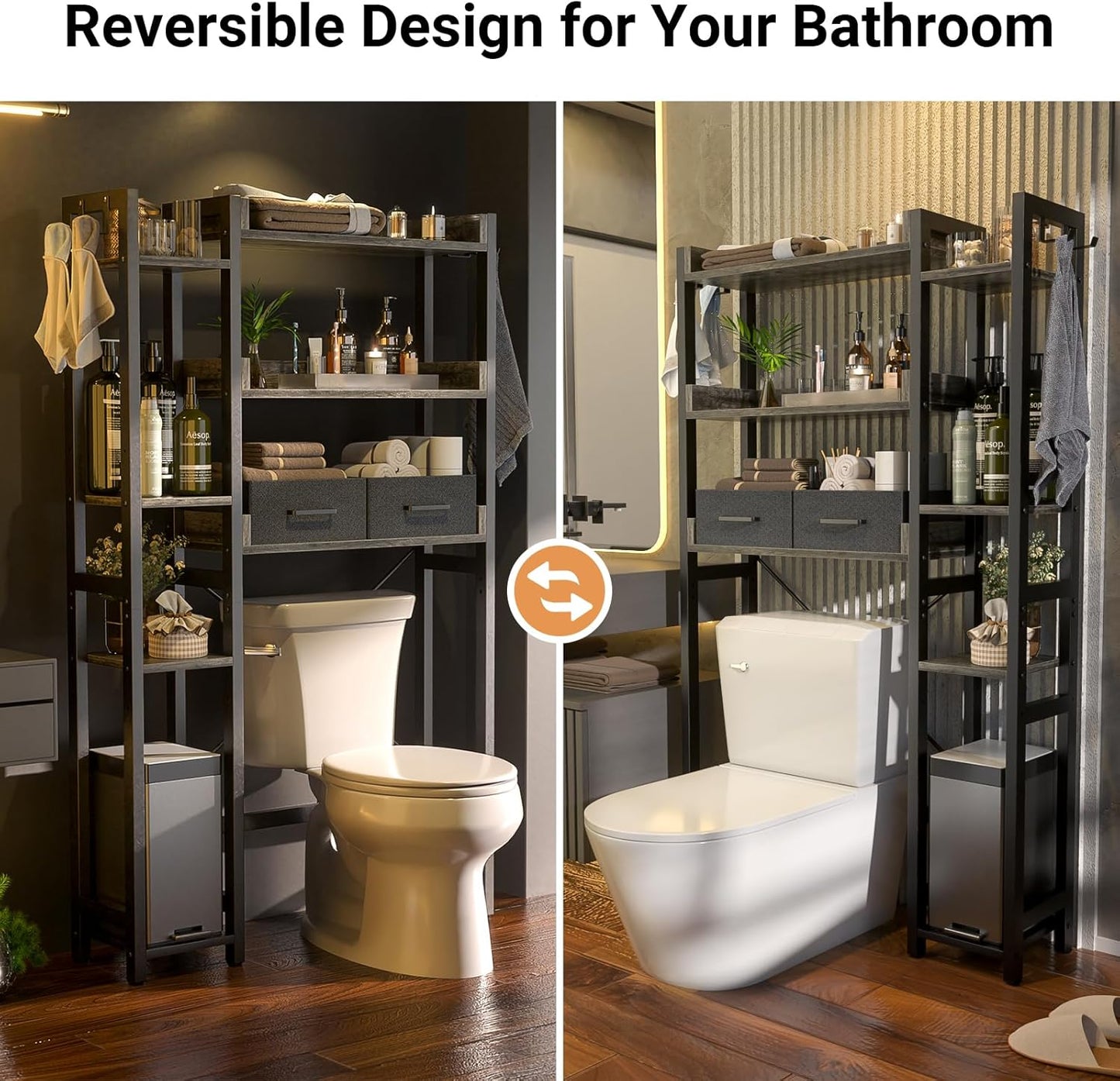 Over The Toilet Storage with 2 Drawers - 7 Tier Bathroom Organizer with Adjustable Shelf, Freestanding Space Saver Storage Rack Above Toilet Stand with 4 Hooks for Restroom, Laundry, Grey Oak