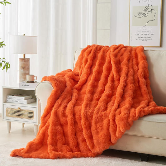 Fluffy Luxury Faux Rabbit Fur Bubble Blanket - Warm & Cozy Fuzzy Plush Thick Decorative Throw Blanket for Bed, Sofa - Queen Size 90''x90'', Orange