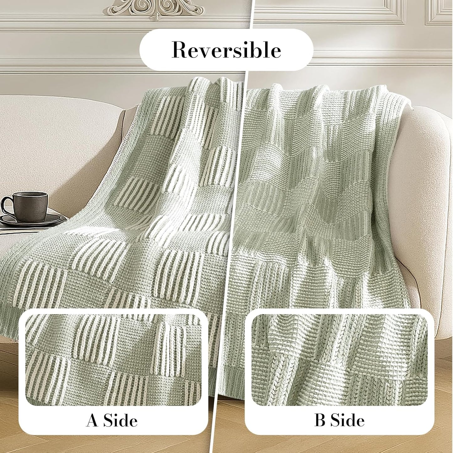 Amélie Home Checkered Knit Throw Blanket for Couch, Chenille Texture Decorative Soft Blanket for Sofa & Chair, 50"x60", Sage Green & White
