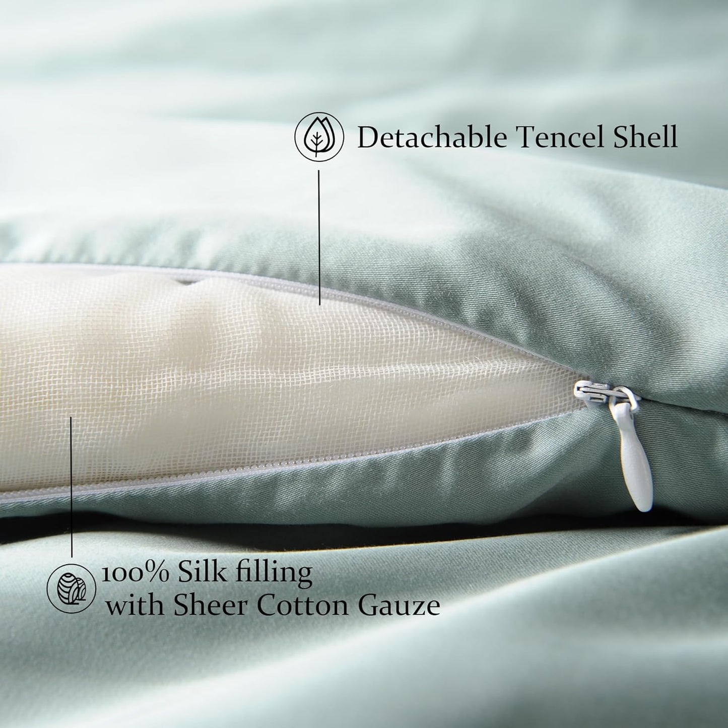 CUDDLE DREAMS Silk Filled Comforter for All Season, Detachable Tencel Duvet Cover for Easy Care, Naturally Breathable (Celadon, Twin)