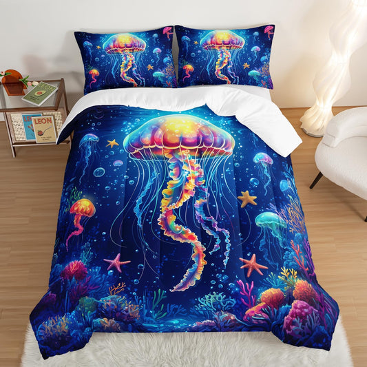 Fantasy Jellyfish Comforter King Bedding Sets for Girls Kids Toddlers,Coral Starfish Ocean Theme Bedroom Decor,Blue Underwater World Bedding Sets with 2 Pillowcases.