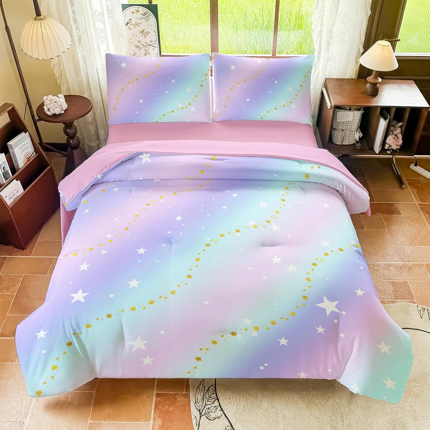 Rainbow Bedding Set Full Size – 5 Piece Reversible Girls Comforter with Deep-Pocket Sheet, Gradient Galaxy Design, Whole-Piece Filling, Machine Washable Bed-in-a-Bag for Kids Room Makeover & Gifts