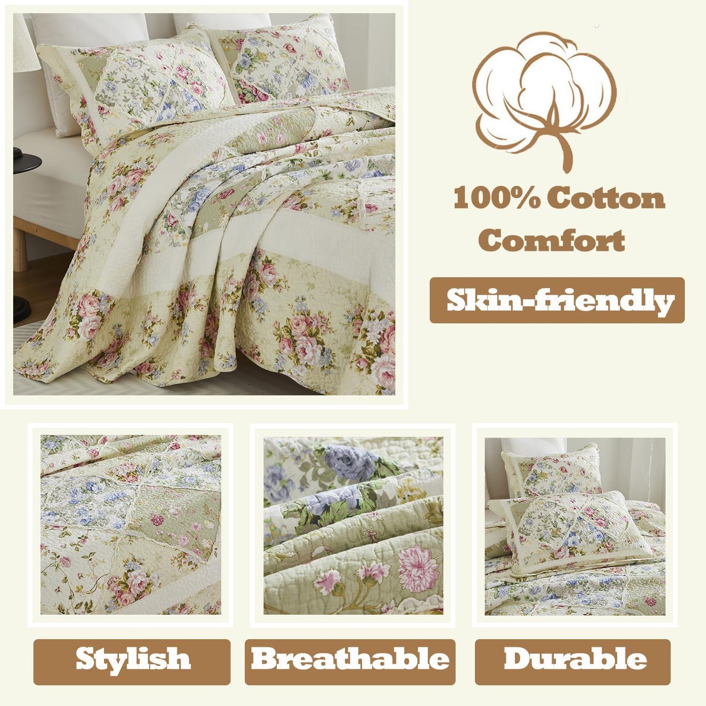 Brandream Patchwork Quilts Cotton Queen Size Country Rustic Rose Floral Bedding Coverlet Set 3-Piece Pale Yellow