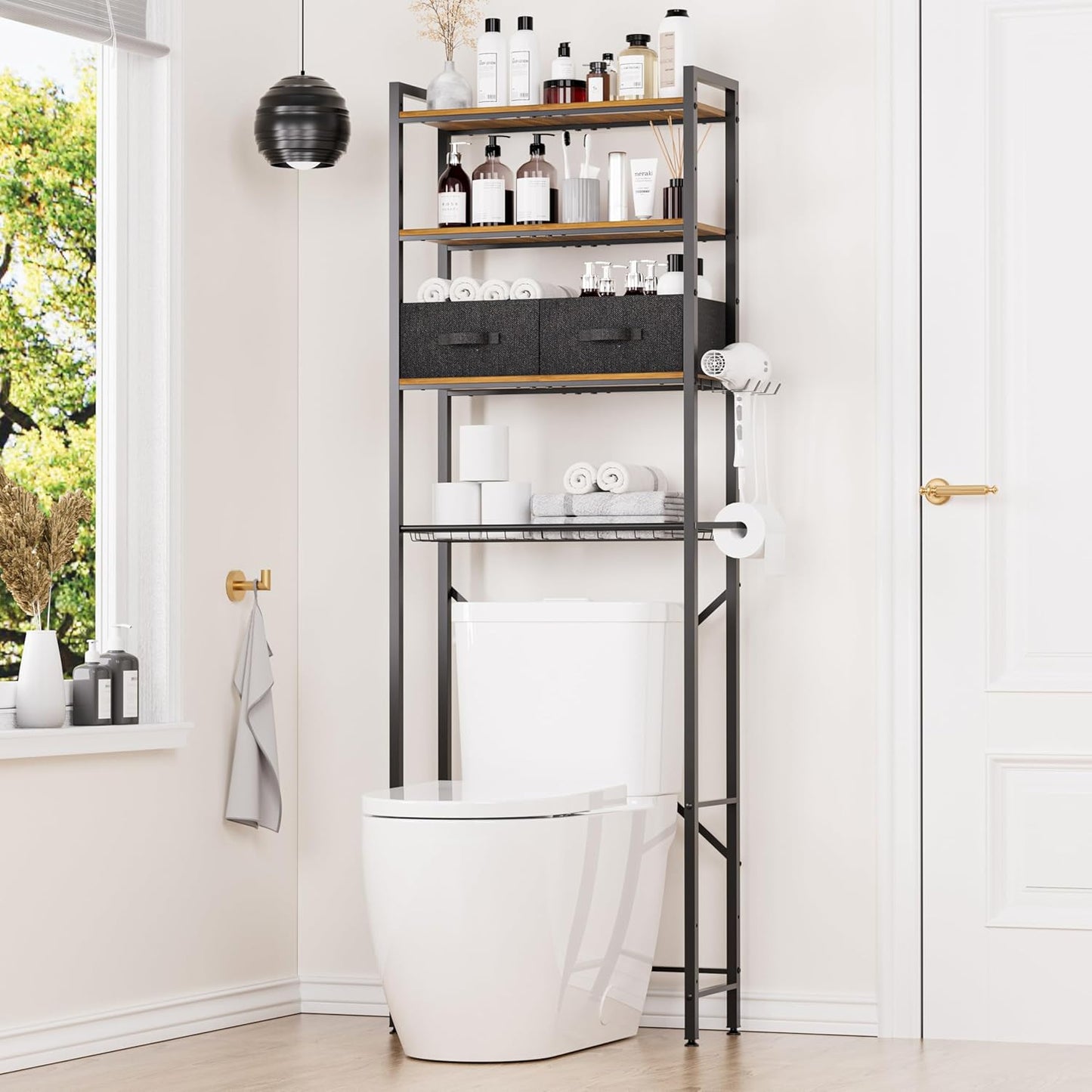 4-Tier Over Toilet Bathroom Organizer with 2 Drawers, Wooden Over Toilet Storage with Adjustable Shelf, Paper Holder, Hooks, 23.6" W Freestanding Bathroom Shelves Over Toilet Space Saver