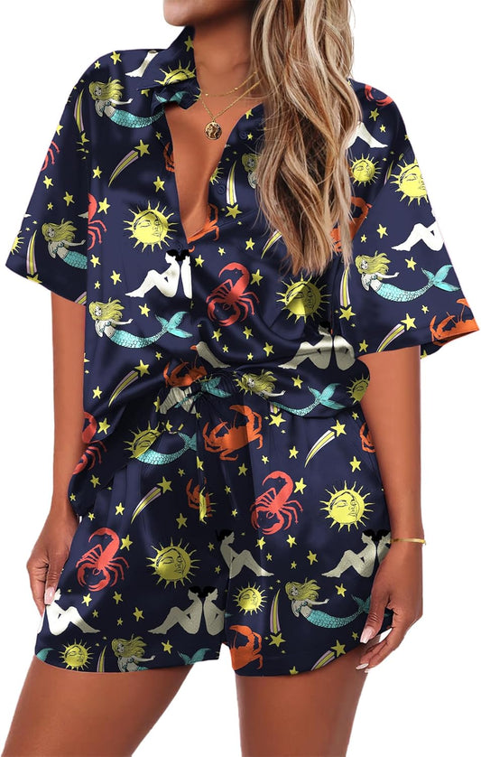 Ekouaer Pajamas for Women Set Silk Satin Pjs Shorts Sleepwear 2 Piece Loungewear S-XXL