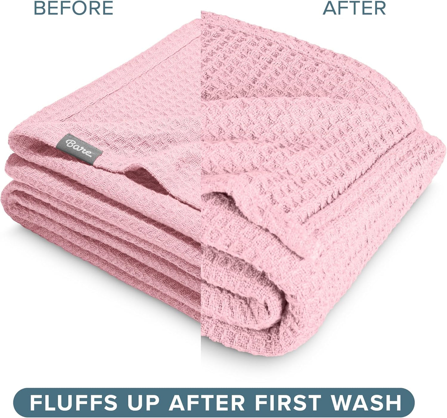 Bare Home Light Pink Waffle Blanket, Extra Long - 66Wx90L, 100% Cotton, Soft & Breathable Blanket for All Seasons, Lightweight, Perfect for Layering Bed, Sofa & Couch (Twin/Twin XL, Light Pink)