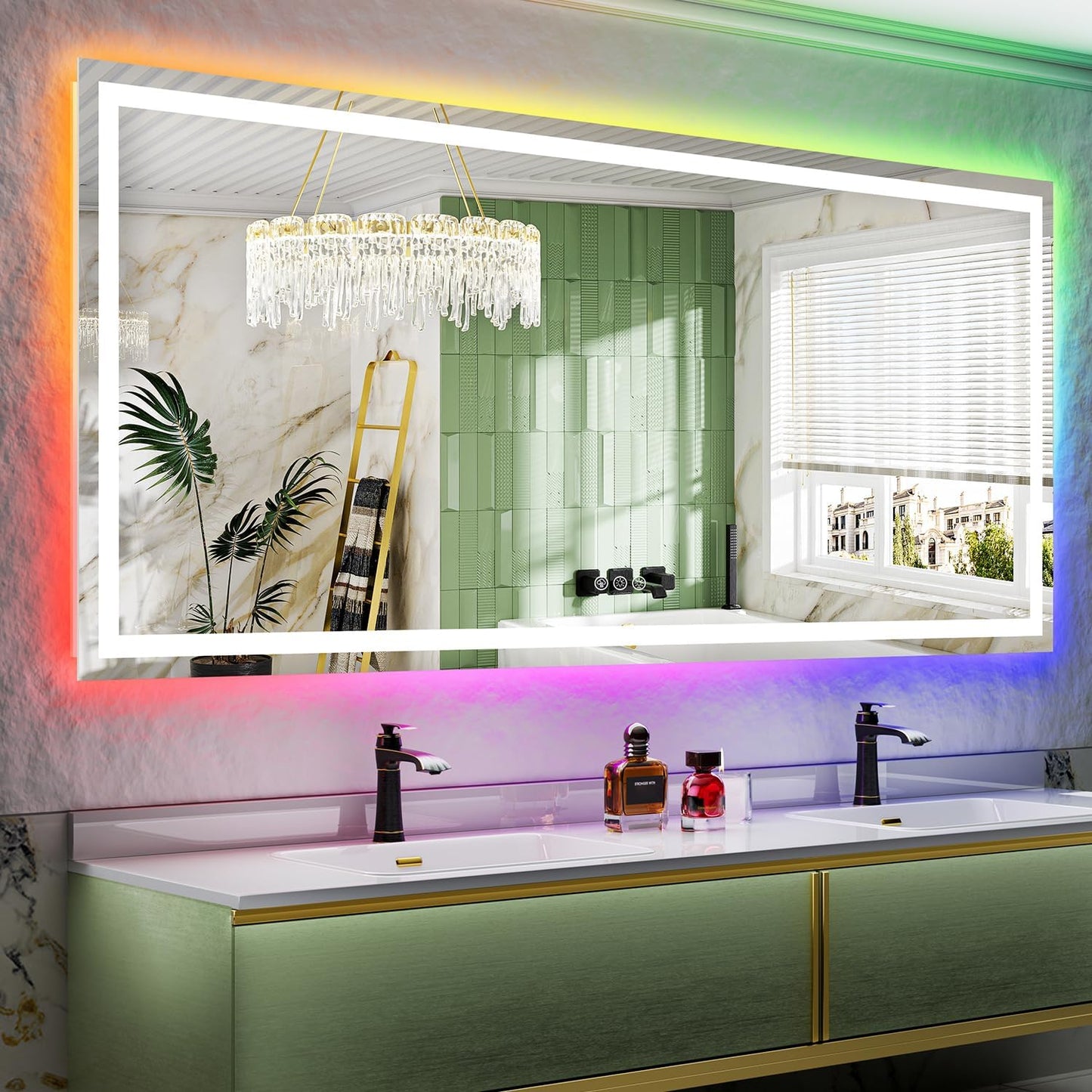 84x40 Inch RGB LED Bathroom Mirror Front Light and RGB Backlit Lighted Vanity Mirror for Bathroom Wall Mounted Dimmable Anti Fog Memory Shatter-Proof IP54 Waterproof Horizontal/Vertical