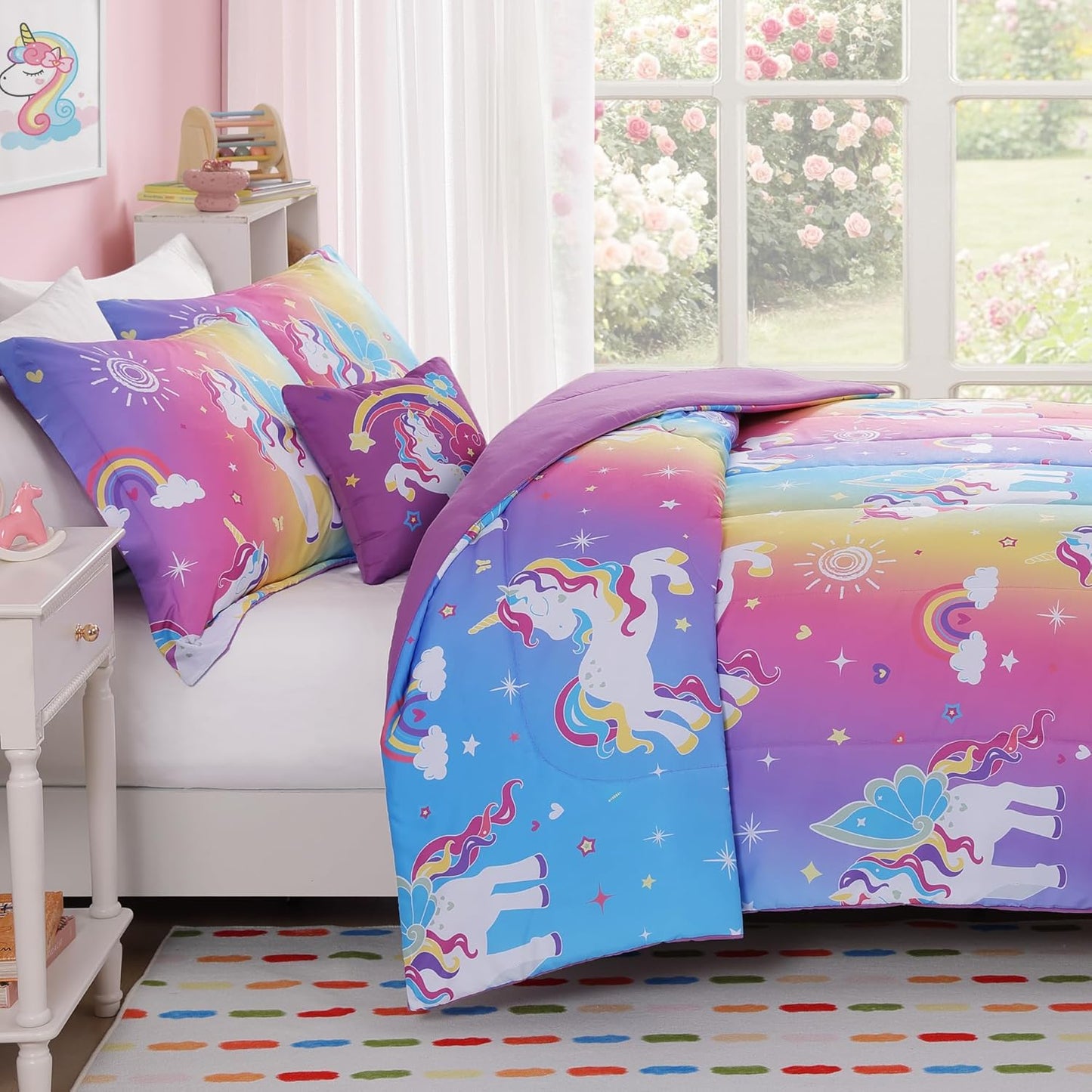 Twin Comforter Set for Girls-3 Pieces Rainbow Unicorn Twin Bedding Sets for Kids,1 Comforter,1 Sham and 1 Decor Pillow