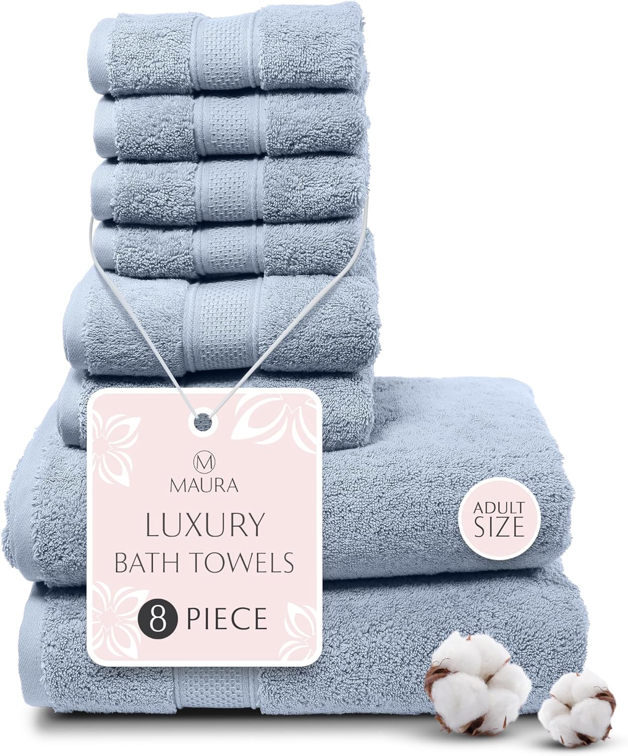 MAURA Light Blue Bath Towel Set of 8 for Bathroom. Turkish Cotton Luxury Bath Towels. Extra Large, Thick, Plush & Soft. Hotel & Spa Quality - Serenity Blue