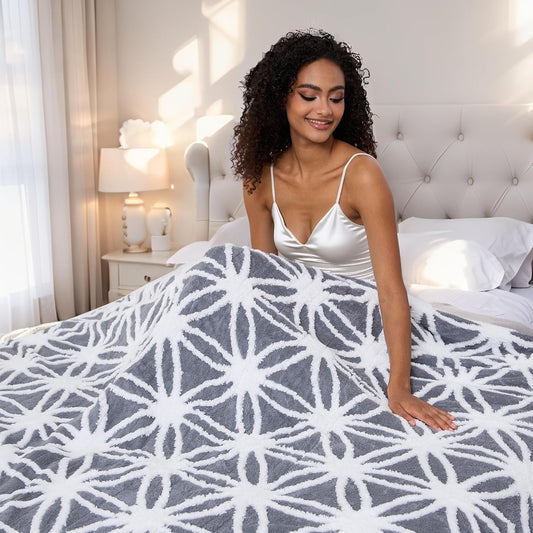 Electric Heated Blanket Full Size 50"x60" Ultra Soft Sherpa Fleece with Elegant Prints, 5 Heat Levels & 3H Auto-Off, Fast Heating for Cozy Winter Comfort, Grey & White