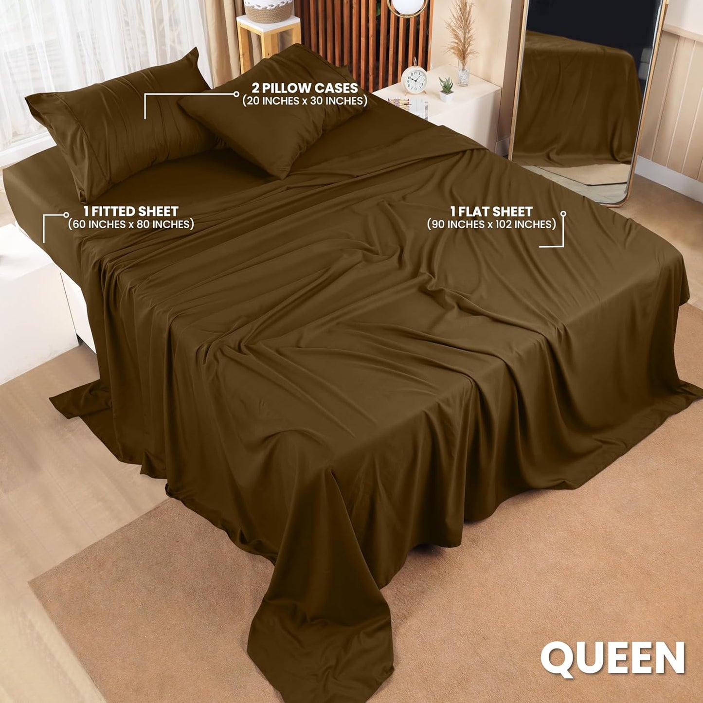 Utopia Bedding Queen Sheet Set – 4 Piece Bed Sheets for Queen Size Bed, Soft and Breathable Microfiber, Includes 1 Fitted Sheet, 1 Flat Sheet and 2 Pillowcases (Mocha)
