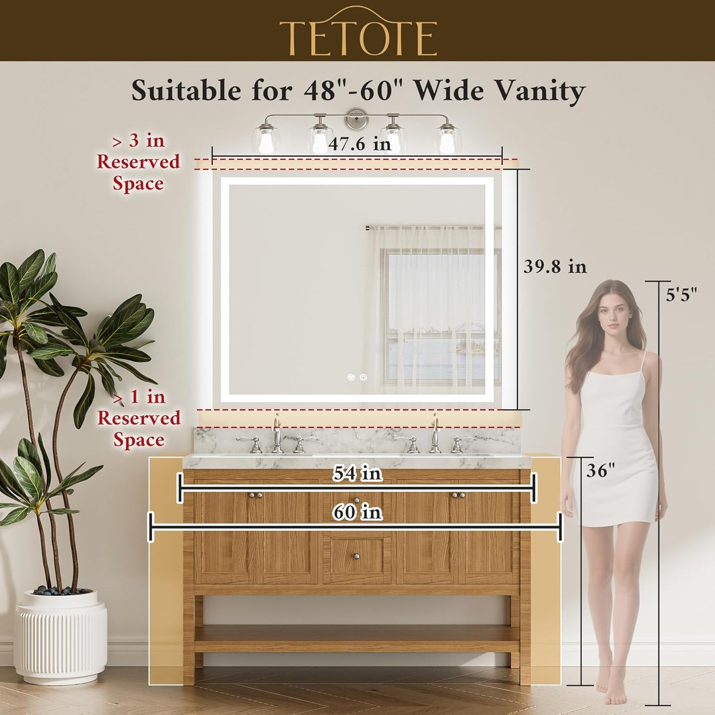 TETOTE 48 x 40 LED Lighted Bathroom Mirror with Lights, Brighter Led Vanity Mirror for Bathroom, Front and Backlit Illuminated Anti Fog Light up Mirror 3-Color Dimmable, Waterproof, Tempered Glass
