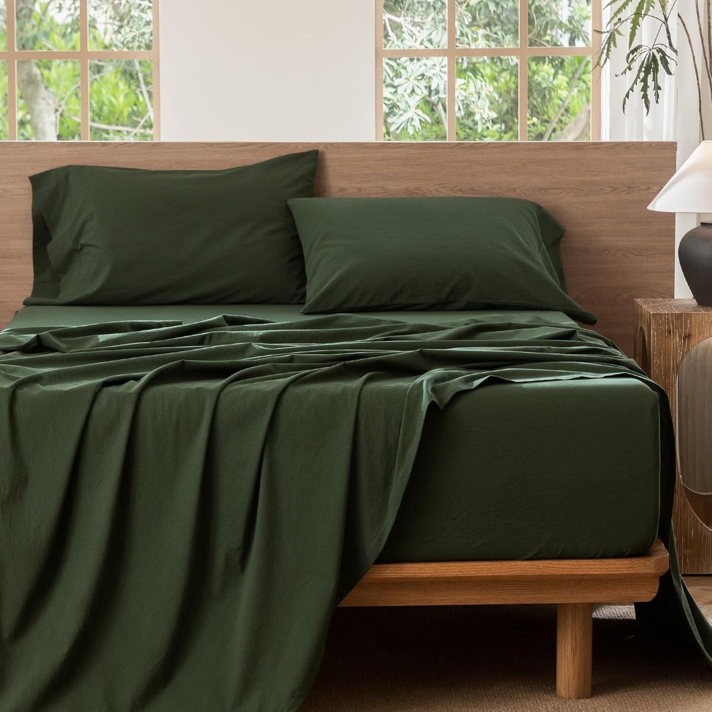 MooMee Bedding Sheet Set 100% Washed Cotton Linen Like Textured Breathable Durable Soft Comfy (Solid Forest Green, Queen)
