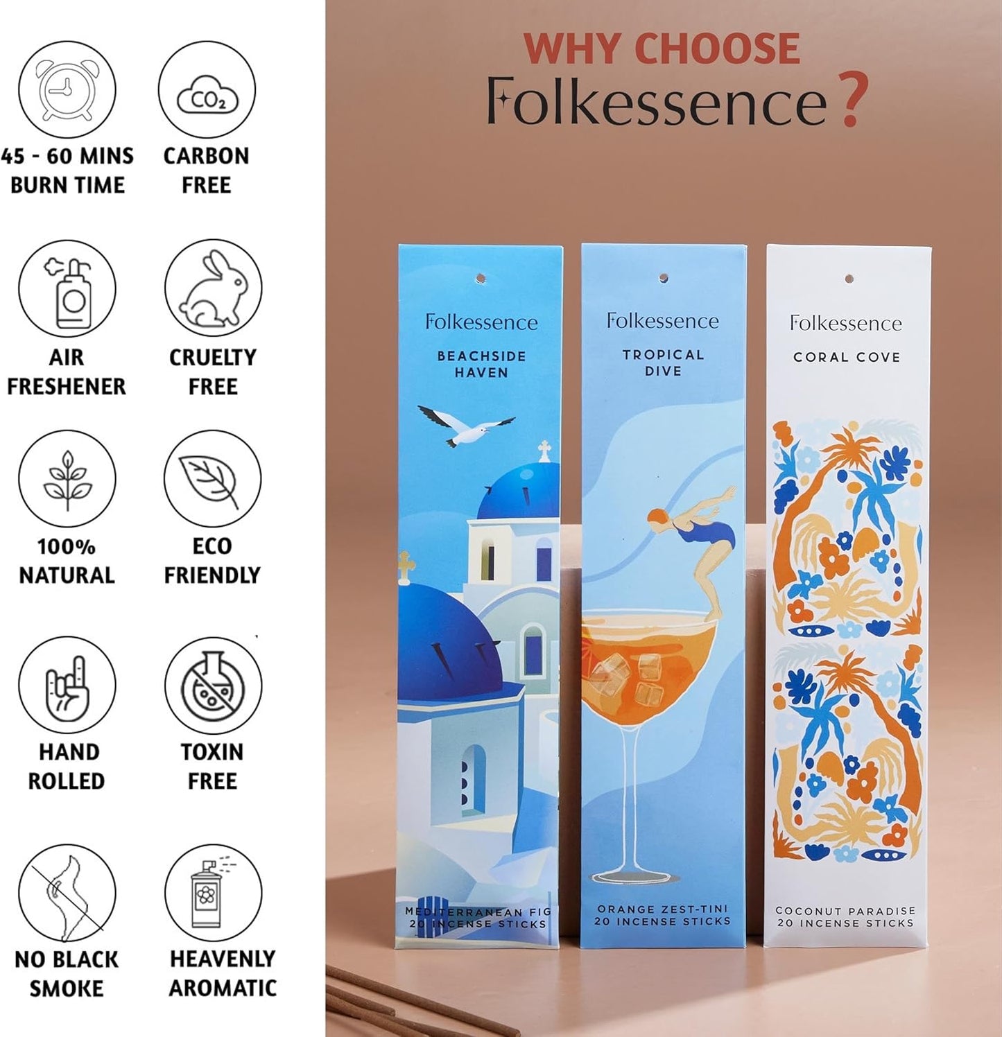 Folkulture Incense Sticks | Set of 6 Insenses (120 Sticks) with 45 Mins Burn Time | Orange Zest, Blue Oud, Aqua Crest, Coconut Paradise | Organic Mediterranean Fig Inscents, Non-Toxic Inscents-Sticks