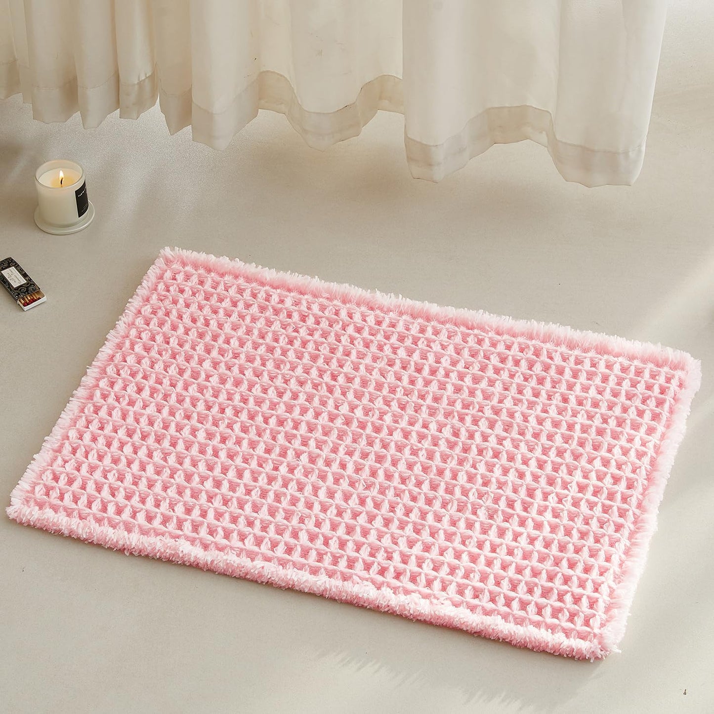Light Peachy Pink Bathroom Rugs, Waffle Bath Mat Non Slip Washable Quick Dry Cute Bath Mat Boho Farmhouse Bathroom Decor, 24"x16" Light Peachy Pink