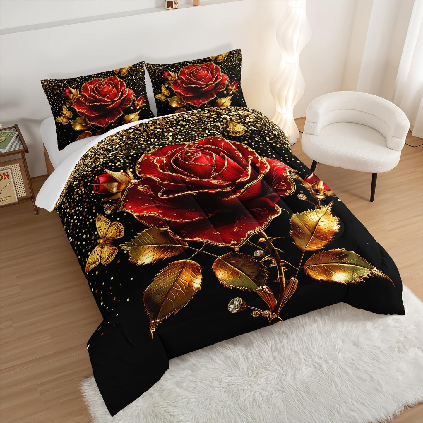 Gold Red Rose Comforter Set Twin Size,Golden Glitter Butterfly Pattern Bedding Set for Girls Women Couple Lover,Romantic Valentine's Day Floral Themed Bedding Set with 2 Pillowcases.