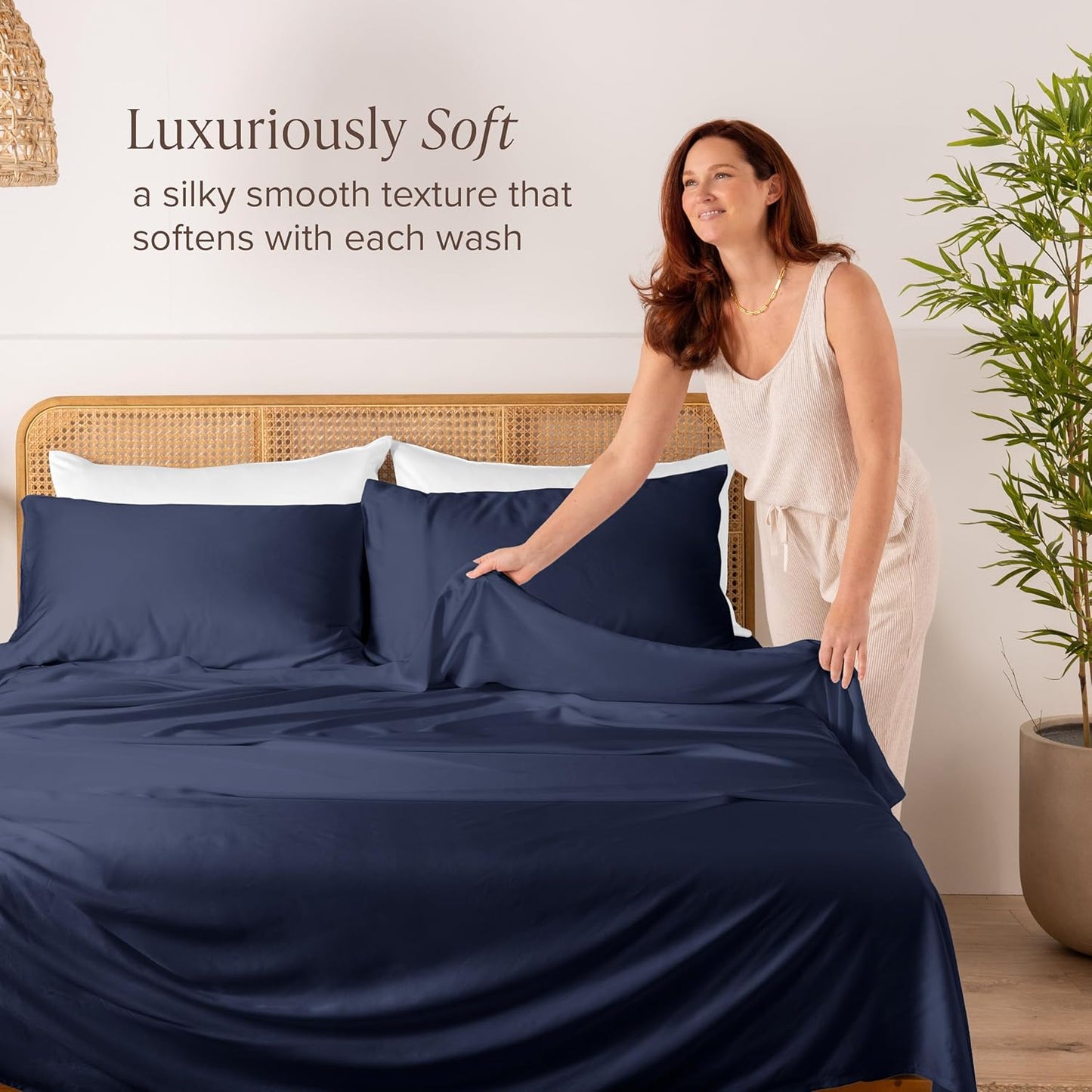 Bare Home 100% Rayon Made from Bamboo Queen Sheet Set - 4 Piece Bedding Set - Deep Pockets - Breathable - Easy Fit - Bedding Sheets & Pillowcases (Queen, Midnight Blue)
