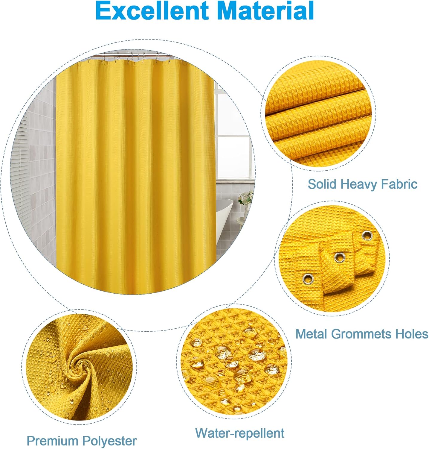 AmazerBath Waffle Shower Curtain, Bright Yellow Shower Curtain Fabric with Waffle Weave, Heavy Duty 240GSM, Hotel Quality Bathroom Shower Curtains, 72 x 72 Inches