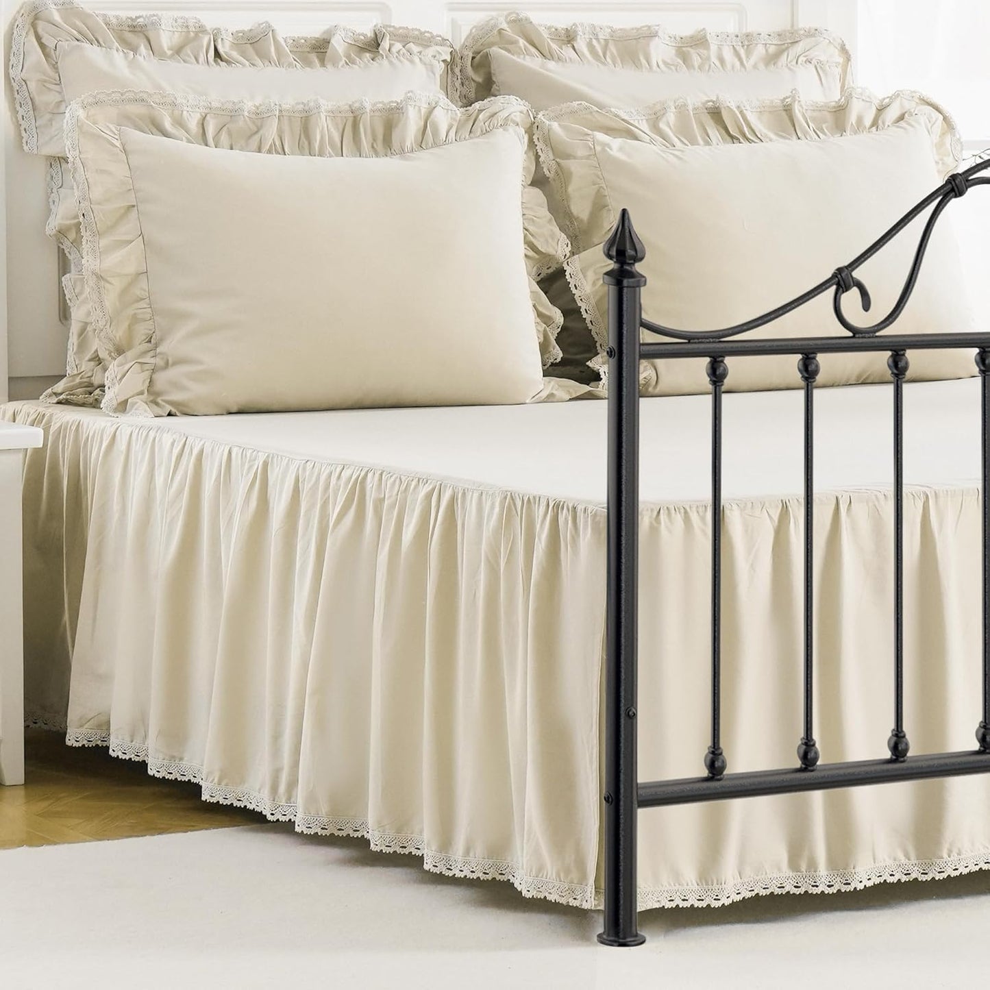 Queen Size 14 inch Drop Ivory Dust Ruffle, 100% Lightweight Cotton Ruffled Bed Skirt, French Coutry Style, Lace Ruffled Bed Skirt with Split Corners
