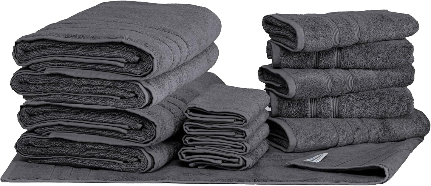 Mosobam Luxury Turkish 14pc Deluxe Bath Bundle Body Hand Face Towel and Mat Charcoal Gray (Dark Grey) 700 GSM & 1000 GSM Bamboo Viscose & Aegean Turkish Combed Cotton