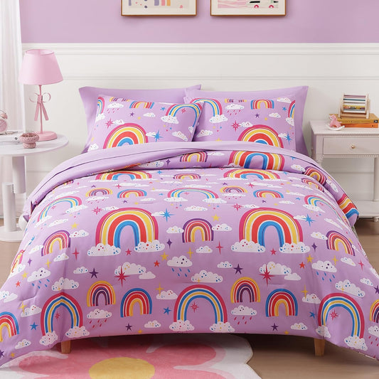 Full Size Comforter Set for Girls-7 Pieces Purple Rainbow Glow in The Dark Full Bedding Sets for Kids, Ultra Soft Bed in A Bag with Sheets