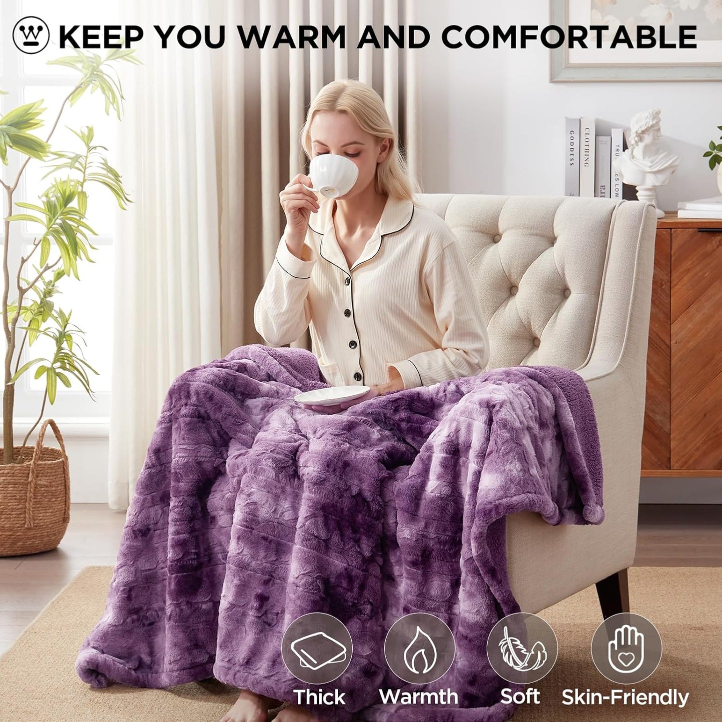 Westinghouse Electric Heated Throw Blanket, Faux Fur with 6 Heating Levels & Auto Off, Soft Cozy Sherpa Washable Blanket (50" x 60", Purple)