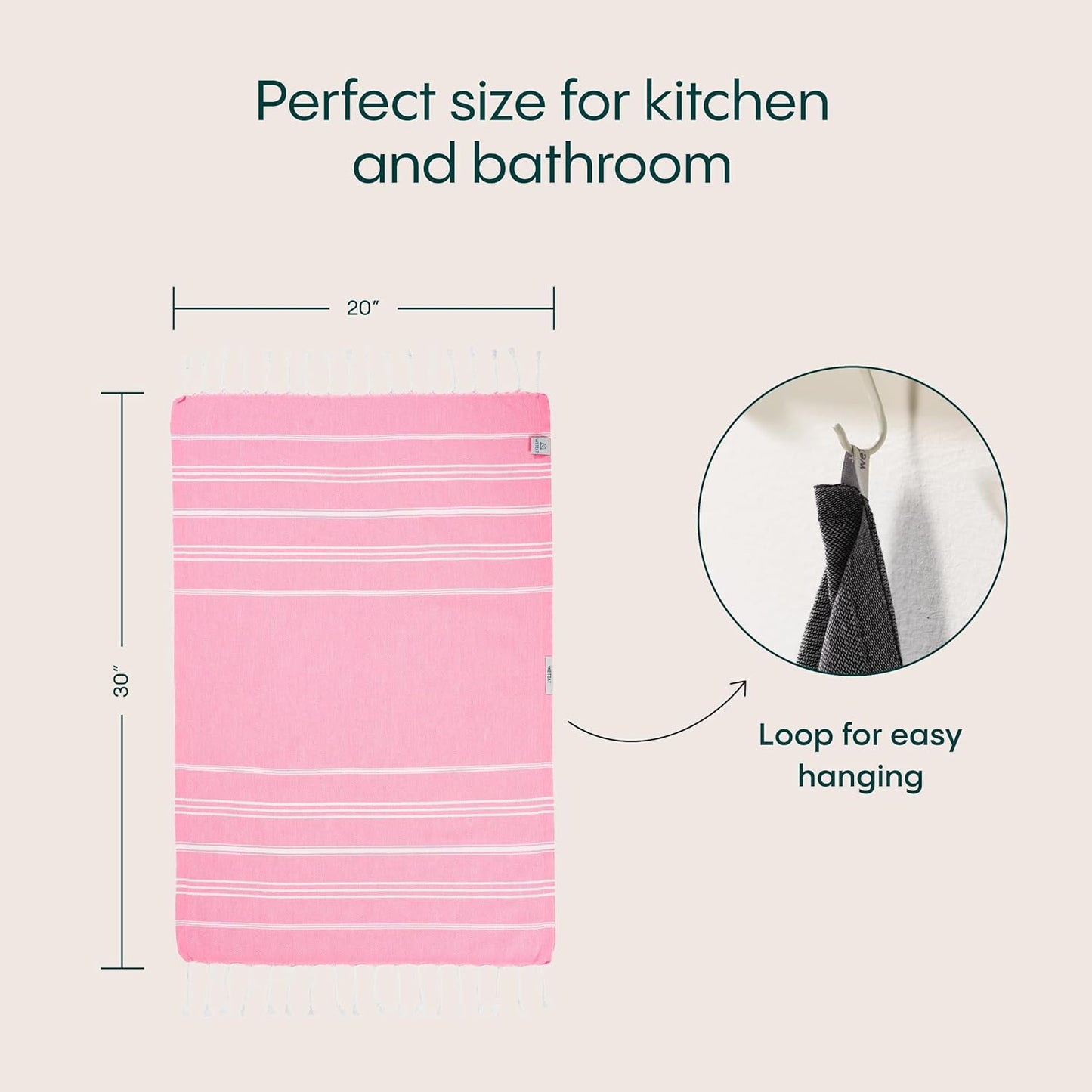 WETCAT Turkish Hand Towels with Hanging Loop, Set of 2 (20" x 30") 100% Turkish Cotton, Pre-Washed, Quick Drying, for Kitchen or Bathroom - Light Pink