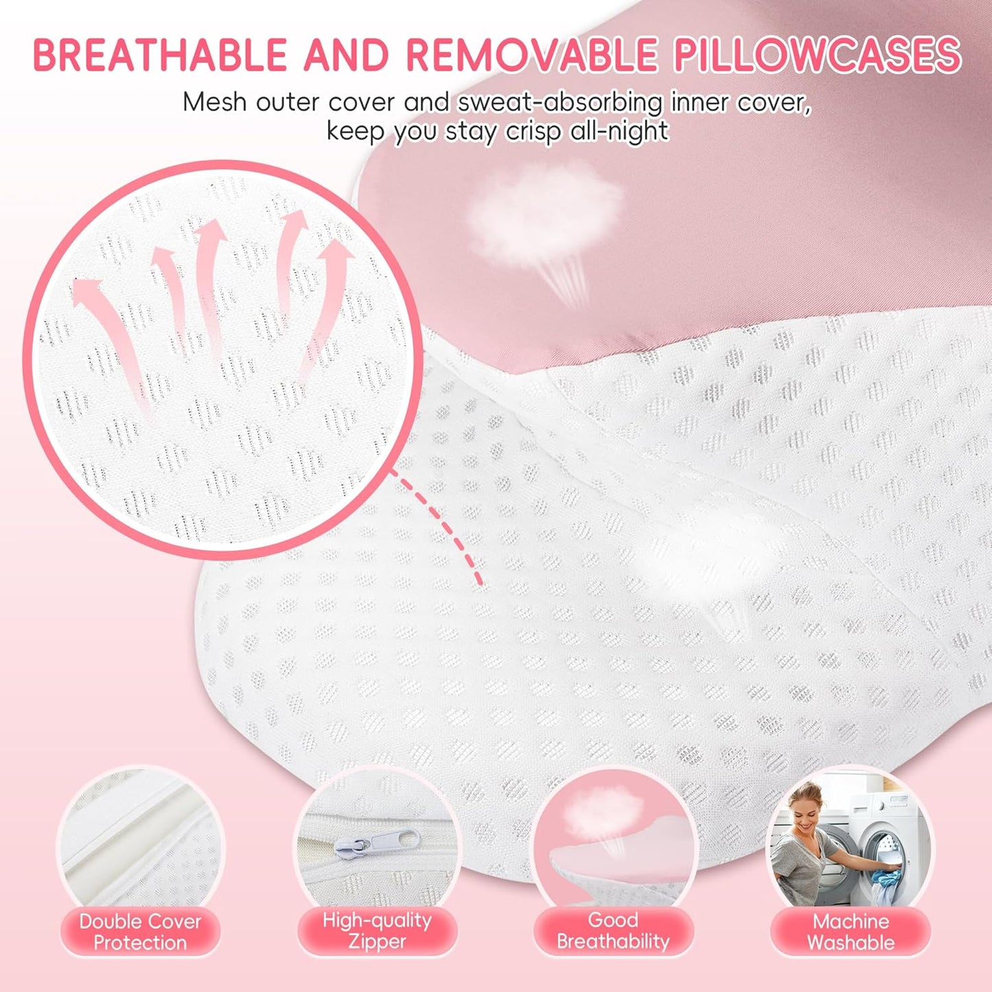 Cervical Neck Pillow for Pain Relief, Ergonomic Contour Pillow for Sleeping, 2 Heights Cooling Pillow for Neck and Shoulder Support, Memory Foam Orthopedic Pillow for Side Back Stomach Sleepers Pink