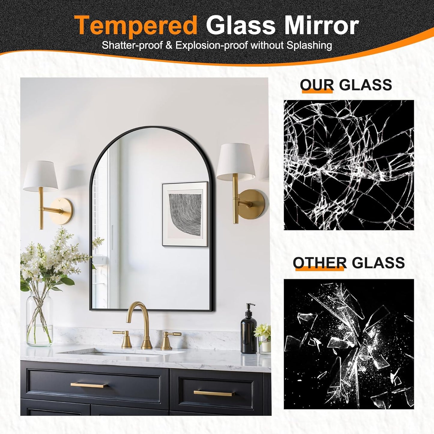Delma Arched Bathroom Mirror, 24"x36" Wall Mounted Vanity Mirror for Bedroom, Living Room and Entryway, Black
