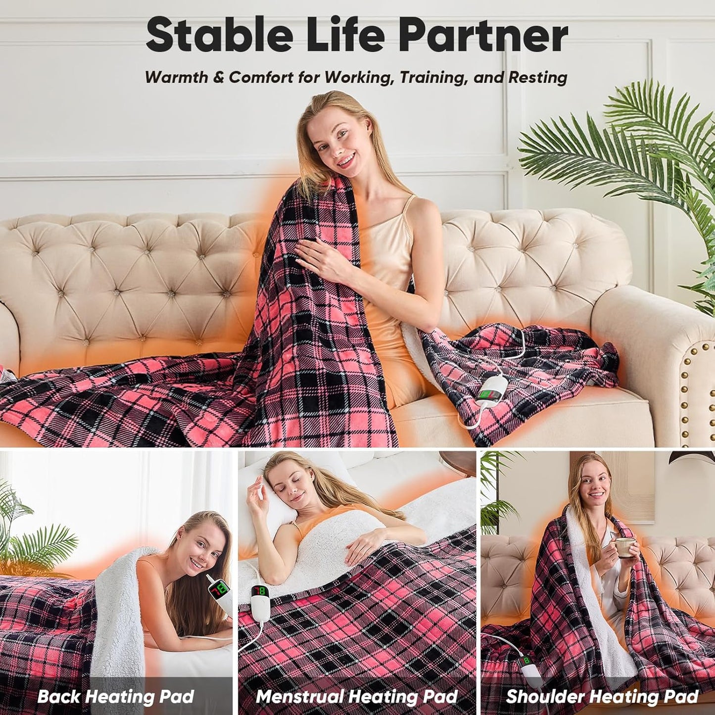 Pink Heated Blanket Electric Throw, 50X60, Heating Throw with 10 Levels & 8 Hours Auto Off, Plaid Checkered Sherpa Blanket Warmer Gifts for Women Mom Trendy Teen Girl, Home Decor for Living Room