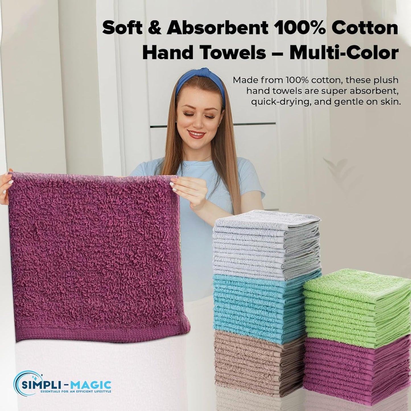 Simpli-Magic Cotton Wash Cloths 12"x12" (50 Pack) – Highly Absorbent Soft Towels for Bathroom – Commercial Terry Washcloth for Face, Hand, Bath, Kitchen, Gym & Hotel (Multicolor)