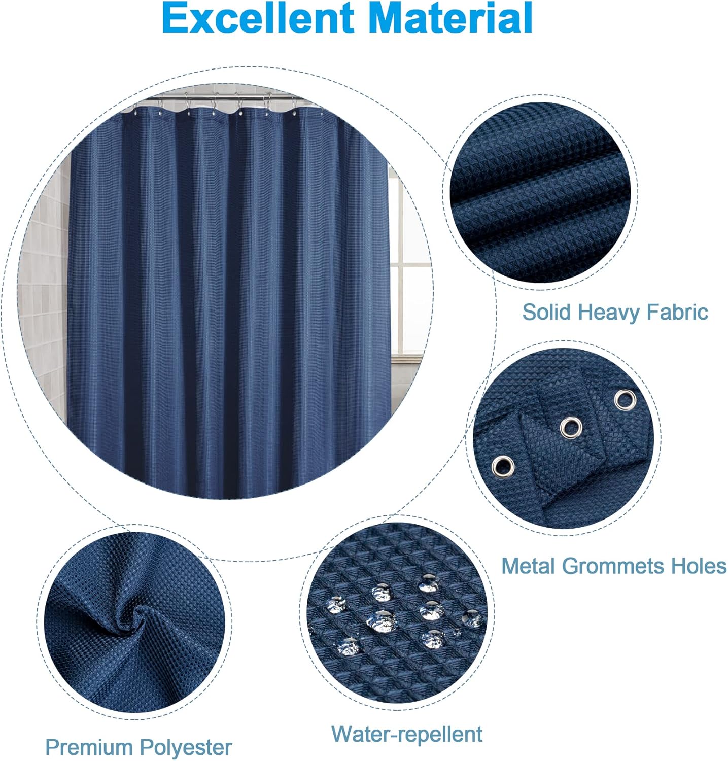 AmazerBath Waffle Shower Curtain, Navy Blue Fabric Shower Curtain with Waffle Weave, Heavy Duty Hotel Quality, 72 x 72 Inches