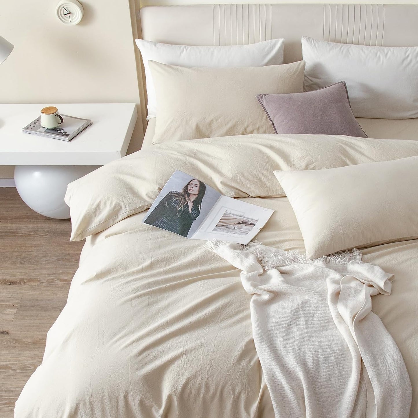 JIYUAN 100% Washed Cotton Duvet Cover Set 3 Pieces Super King, 1 Duvet Cover 108x98 Inches(Comforter Not Included) and 2 Pillowcases,Linen Feel Bedding Set Comfy and Breathable,Heathered Beige