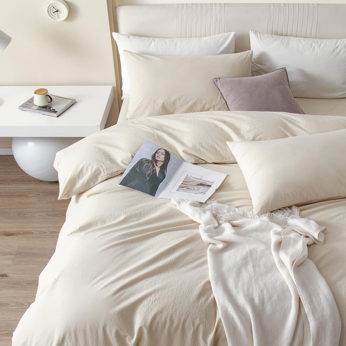 JIYUAN 100% Washed Cotton Duvet Cover Set 3 Pieces Alaska King, 1 Duvet Cover 132x120 Inches(Comforter Not Included) and 2 Pillowcases,Linen Feel Bedding Set Comfy and Breathable,Heathered Beige