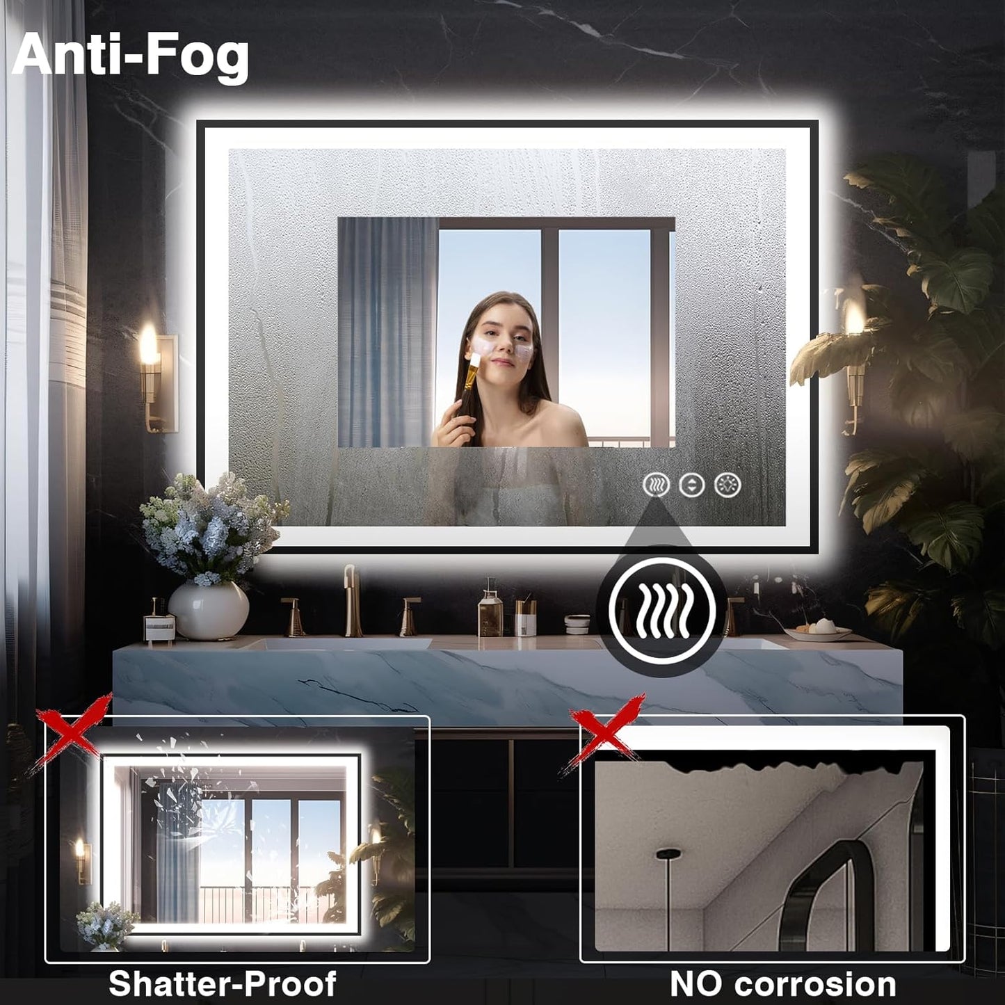 40x30 LED Lights Bathroom Mirror -Black Aluminum Rimmed(Front lit and Backlit),Anti-Fog Vanity Mirror with Lights,Stepless Dimmable Lighted Mirror,3 Colors Smart Mirror(Horizontal/Vertical)