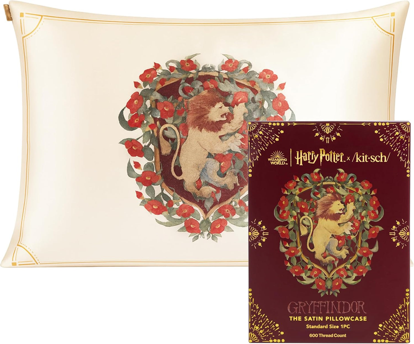 Kitsch x Harry Potter Gryffindor Satin Pillowcase w/Zipper for Hair & Skin - Double-Sided, Softer Than Silk, Wrinkle-Free, Machine Washable, Frizz Control, Breakout Prevention - Queen/Standard(19x26)