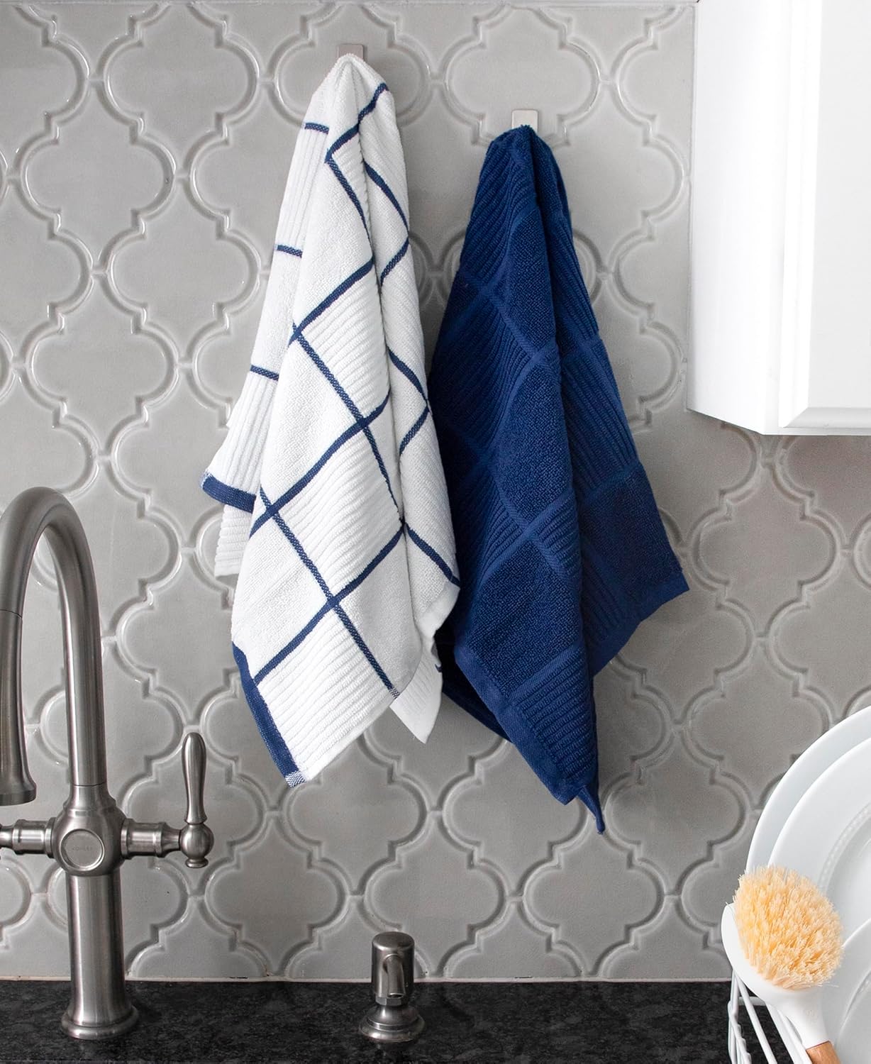 T-Fal Solid & Checked Parquet Kitchen Towels: Highly Absorbent, Super Soft Long Lasting - 100% Cotton, 16"x26" Dish Towels for Cleaning & Drying Dishes, Pans, Glassware, Countertops, 6-Pack, Blue