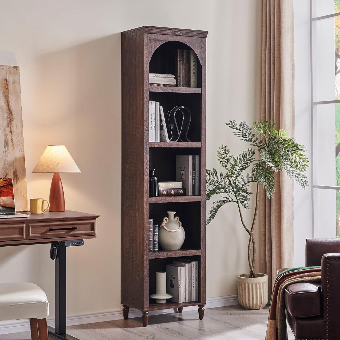 76" Tall Arched Bathroom Storage Cabinet, 5 Tiers Narrow Farmhouse Arched Cabinet w/Adjustable Shelves, Modern Wooden Storage Cabinet for Bathroom, Living Room, Entryway, Study Room (Brown)