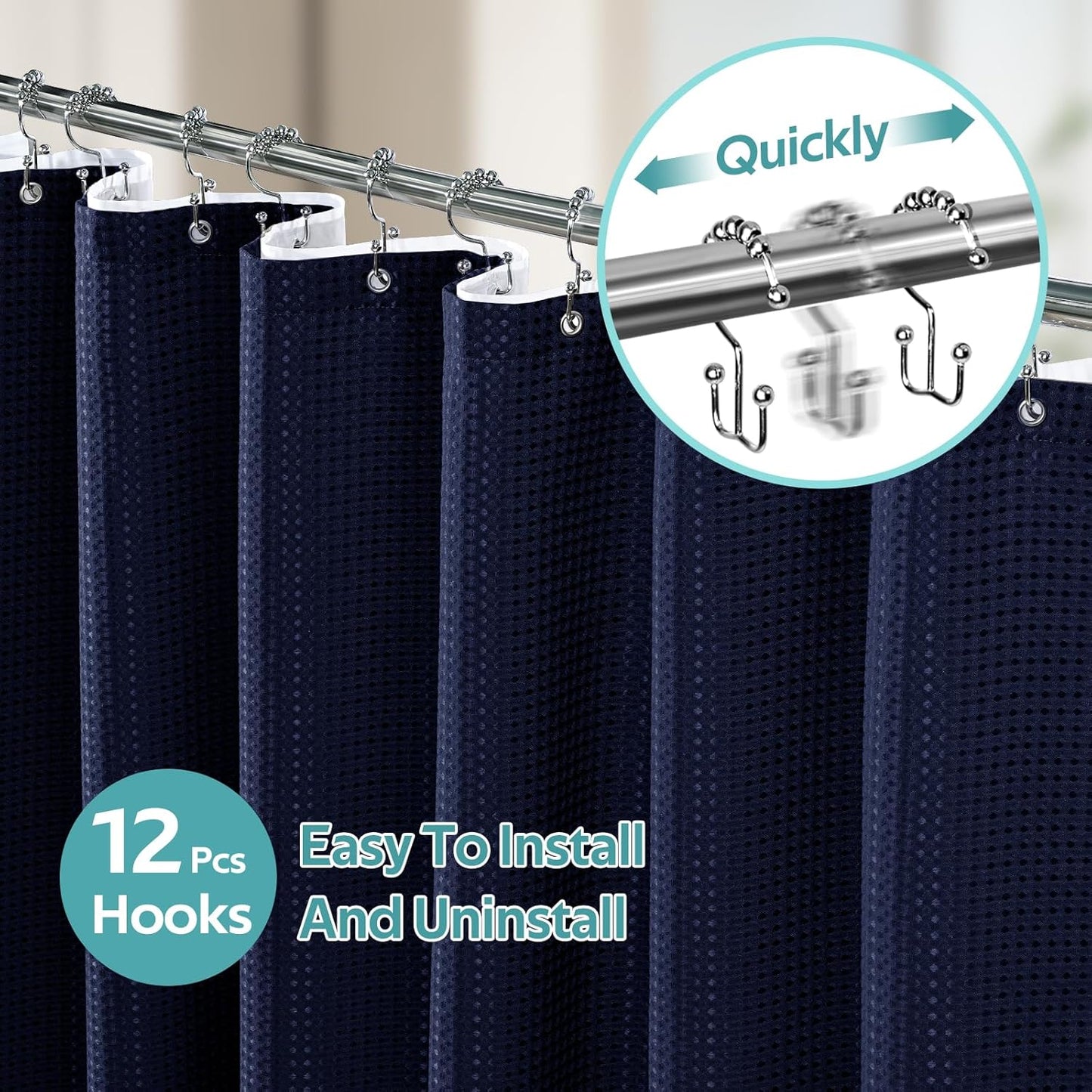 3 in 1 Shower Curtain Set, Waffle Shower Curtain and Liner Set with 12 Double Sided Shower Curtain Hooks, 258GSM Luxury Weighted Cloth Shower Curtains for Bathroom, 72 W x 84 H, Navy Blue