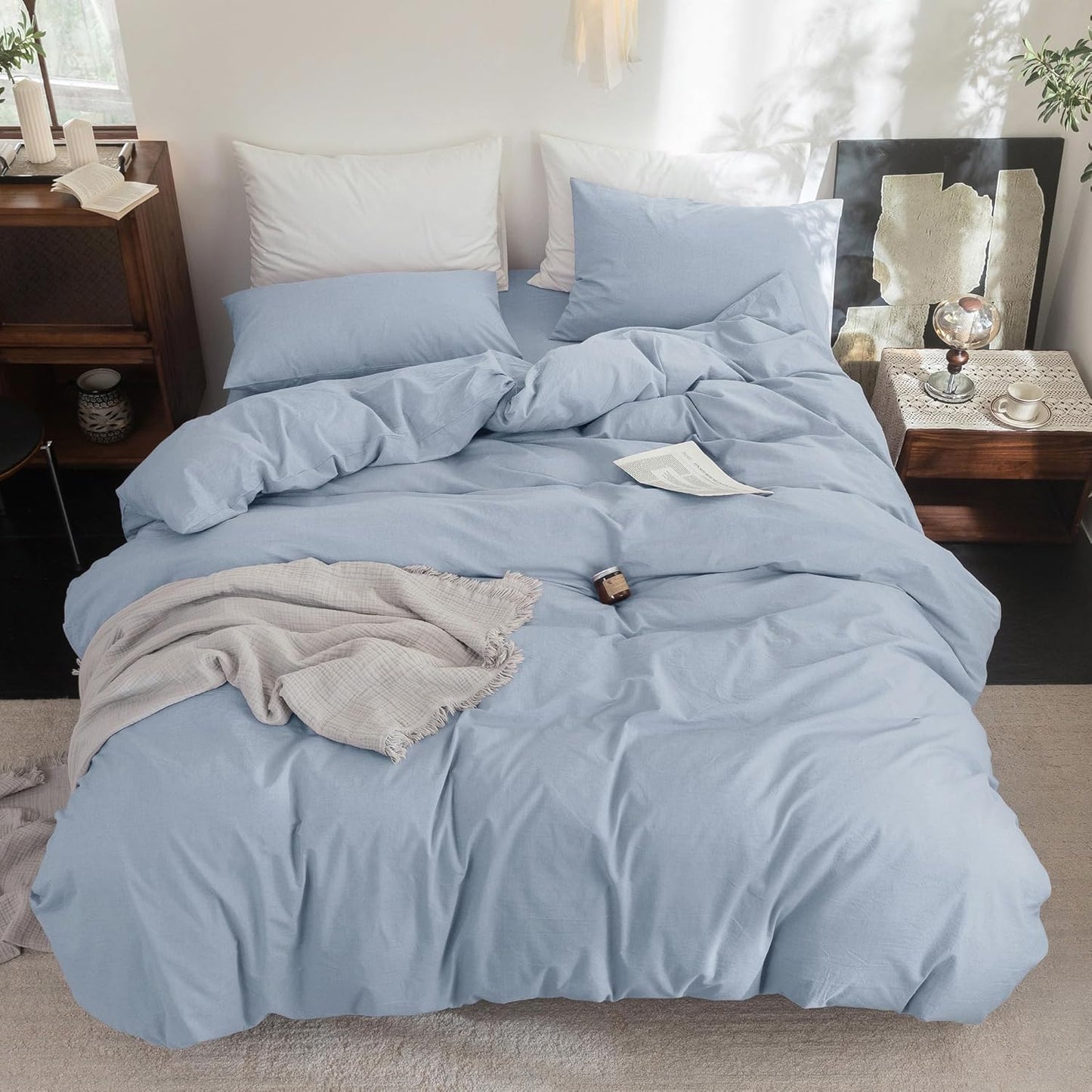 FOSSA Duvet Cover Set 100% Washed Cotton Linen Feel Super Soft Breathable Cozy 3 Pieces Bedding Sets Solid Cornflower Blue Super King