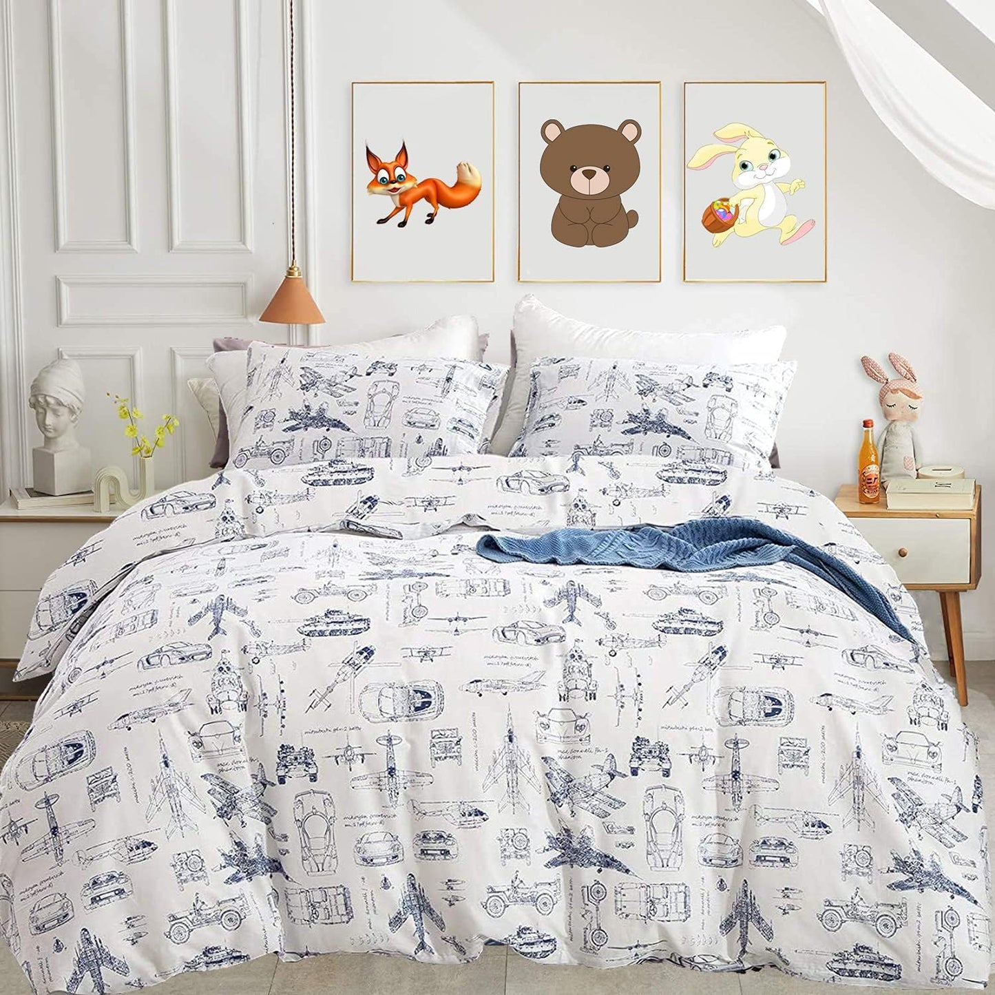 KAREVER White Aircraft Comforter Set Twin Boys Cartoon White Bedding Set Airplane Comforter Car Tank Printed Bedding for Children Teen Boy Blanket Set