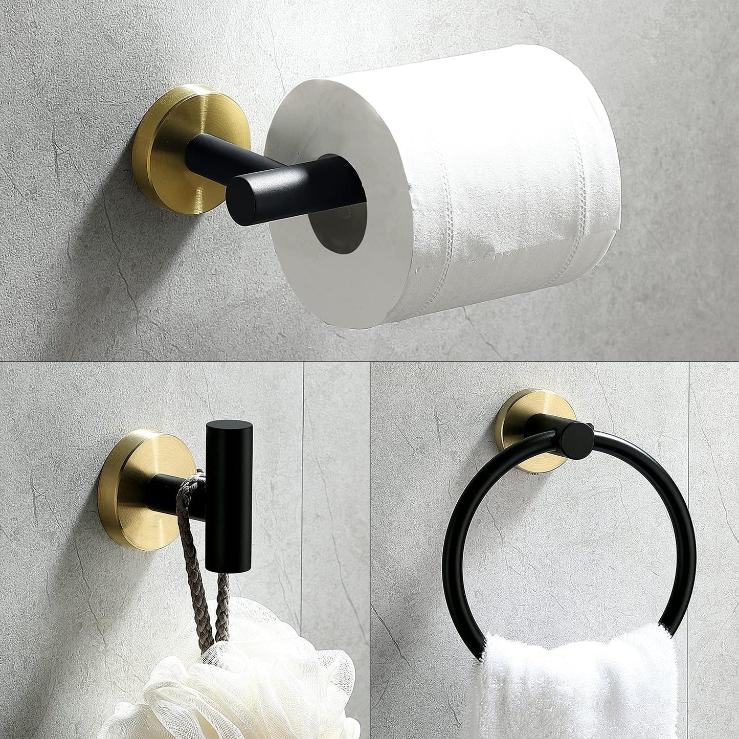 4 Piece Stainless Steel Matte Black and Brushed Gold Bathroom Hardware Set Include Hand Towel Ring Holder, Toilet Paper Holder,and 2 Robe Towel Hooks,Bathroom Accessories Kit