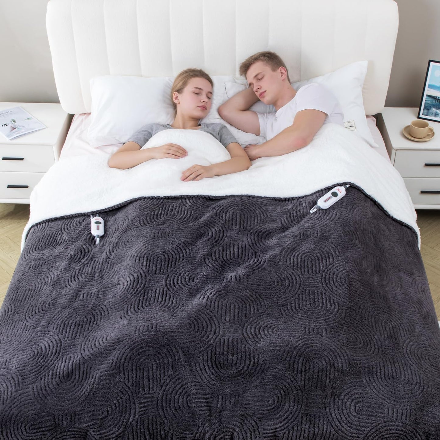 Heated Blanket King Size - 100"x90" Cozy Soft Jacquard Heating Blanket with 4 Heat Levels & 10 Hours Auto-Off, Jacquard Fleece, Overheating Protection, Warm Gifts, Grey