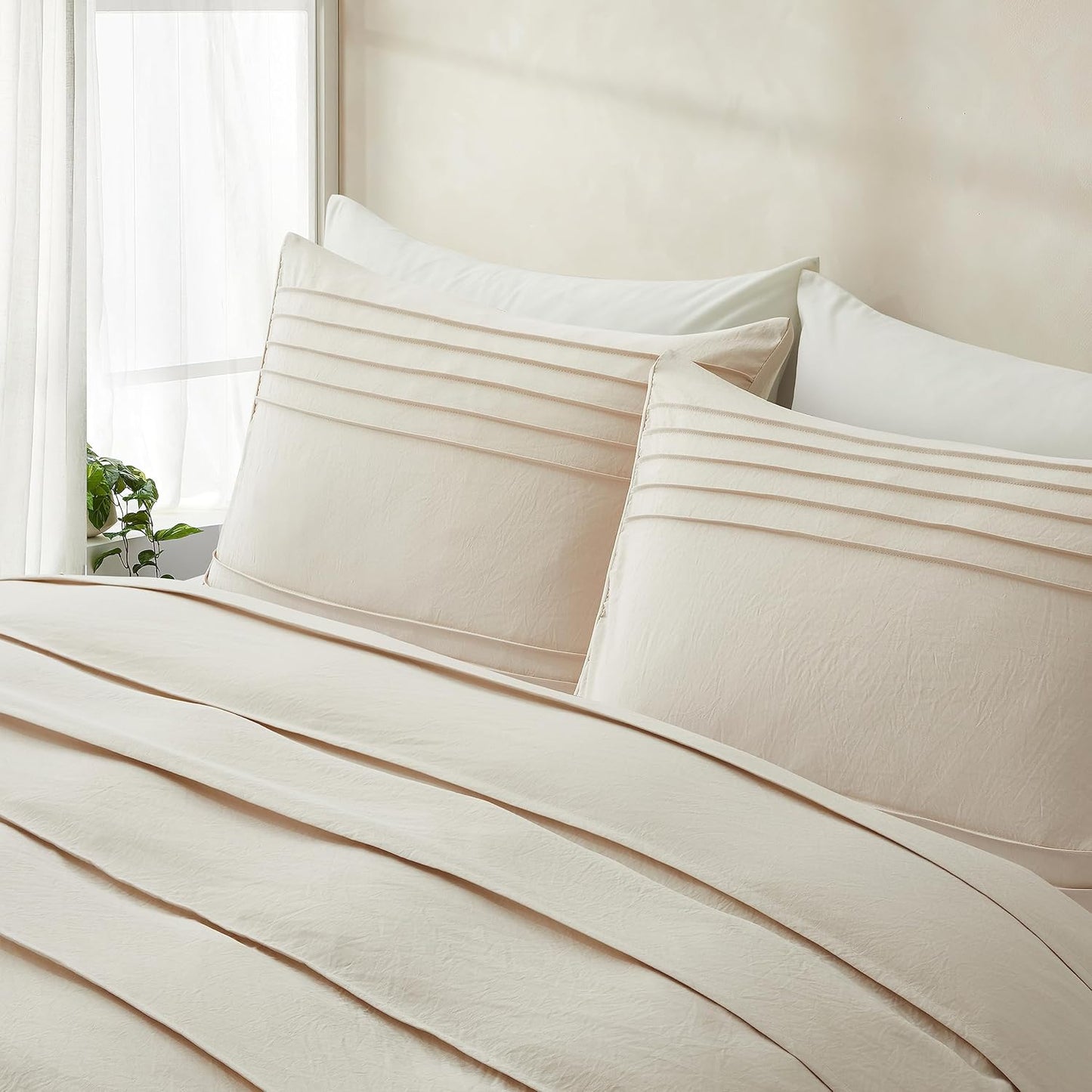 Oli Anderson Light Khaki Duvet Cover King Size - Pleated King Duvet Cover, 3PCS Soft and Breathable Textured Bedding Set with Zipper Closure(Light Khaki,104"x90")