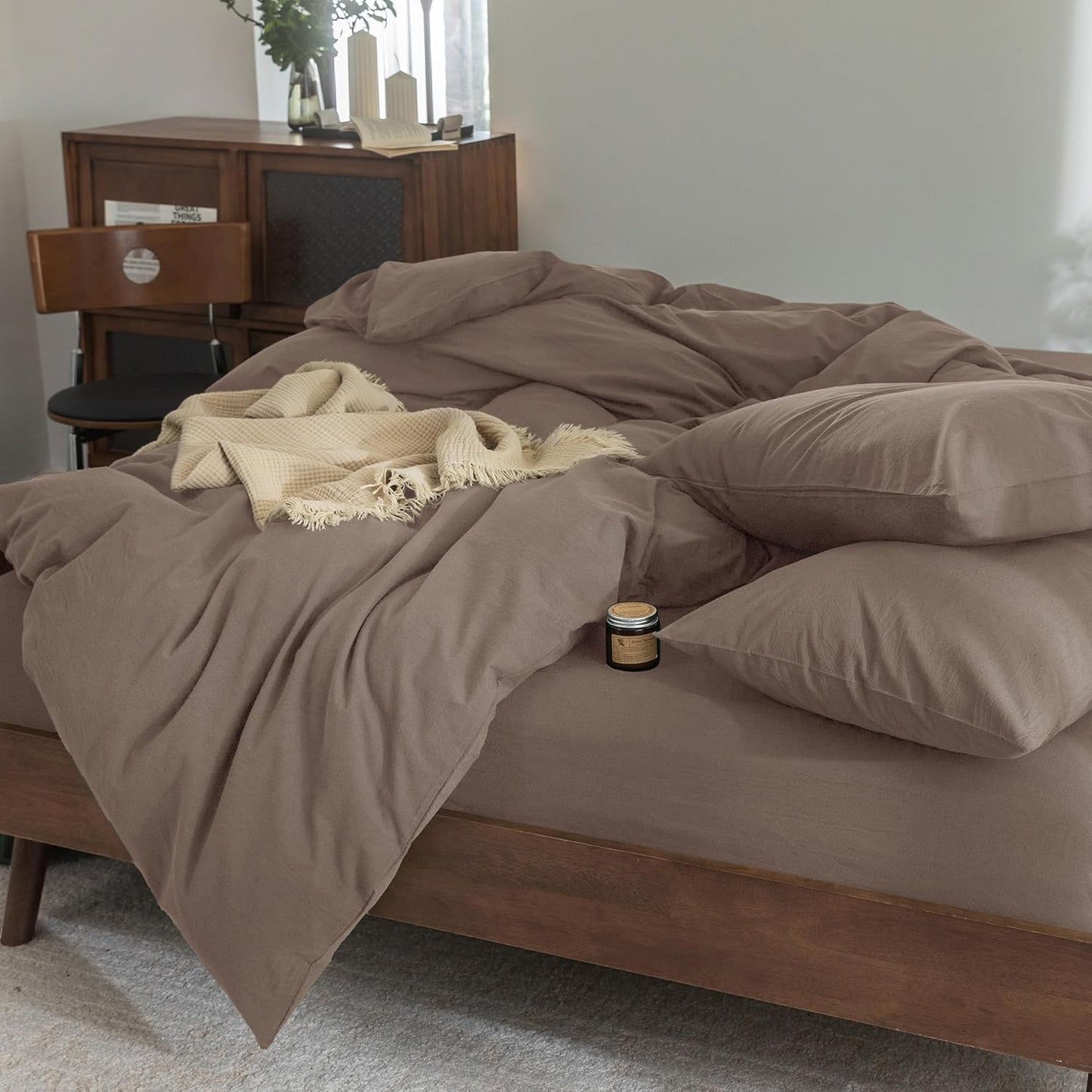 FOSSA Duvet Cover Set 100% Washed Cotton Linen Feel Super Soft Breathable Cozy 3 Pieces Bedding Sets Solid Pale Brown Twin